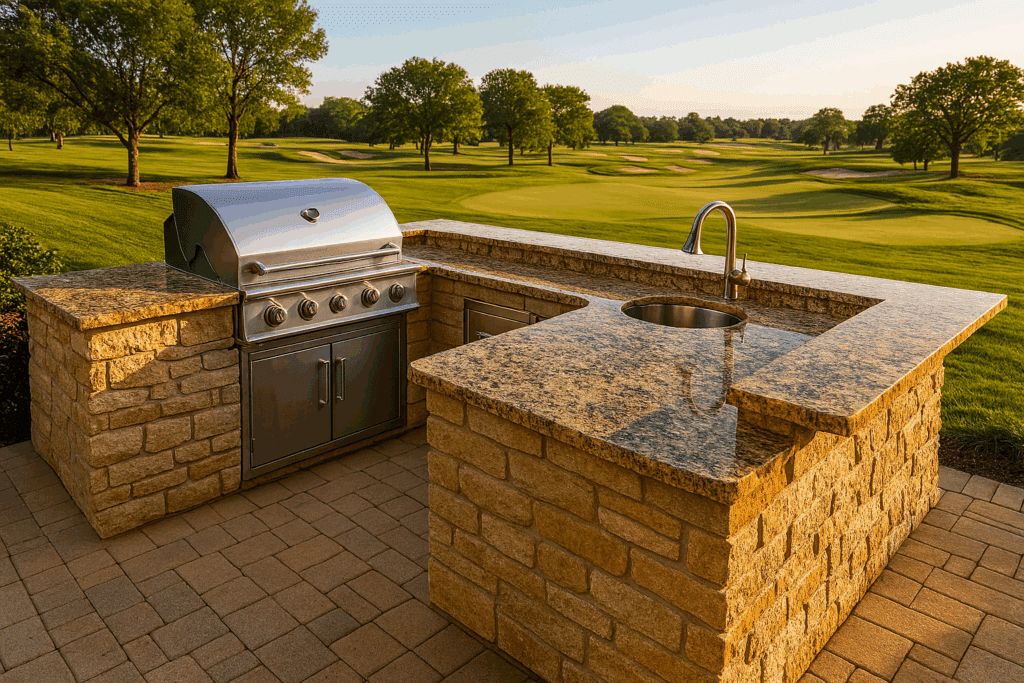Beautiful outdoor kitchen over looking a gold course in southern pines
