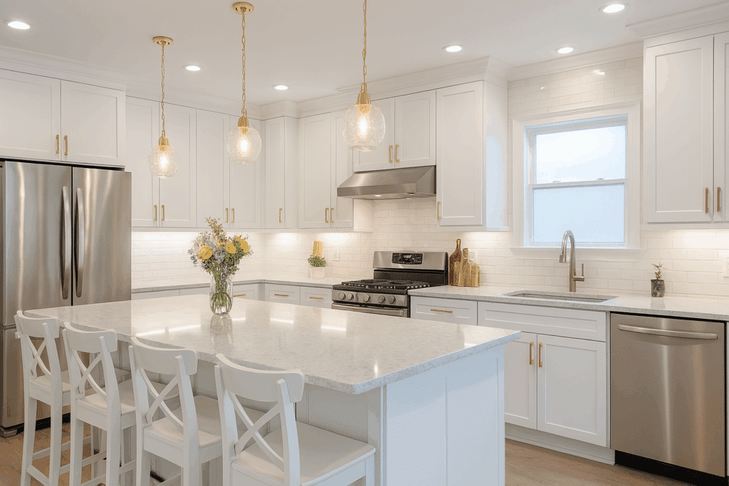 Bright, modern kitchen remodel in Wilmington, NC featuring white Shaker-style cabinets, polished granite countertops, stainless steel appliances, and pendant lighting—designed and installed by Creative Stone NC.
