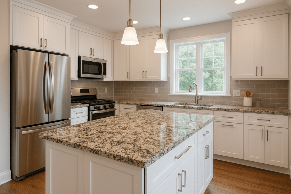 Remodeled kitchen featuring granite countertops, new shaker-style cabinets, and a central island.