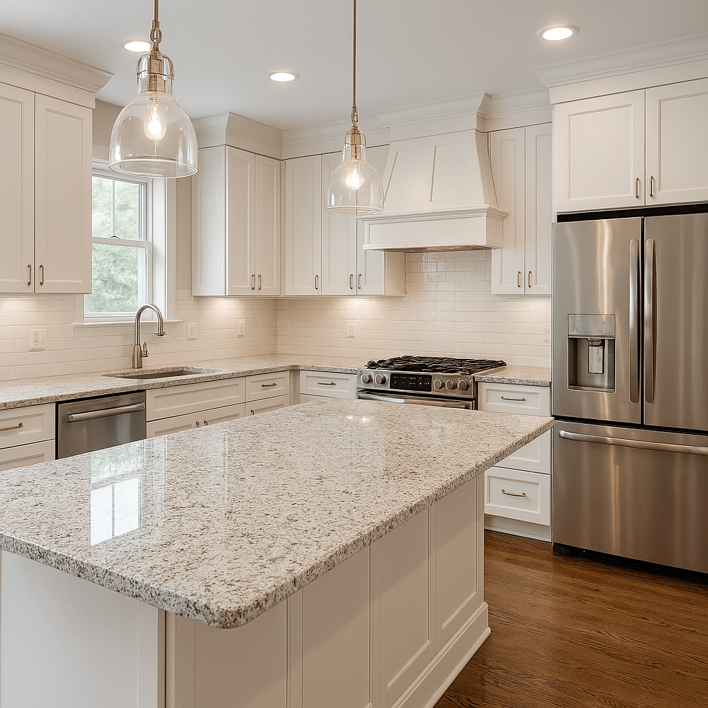 Remodeled kitchen in Fayetteville, NC featuring custom white shaker cabinets, polished granite countertops, stainless steel appliances, and a spacious open layout—completed by top-rated contractor Creative Stone NC.