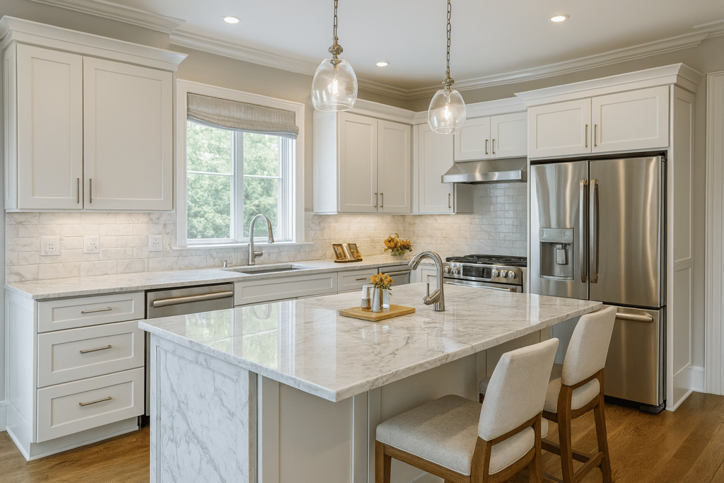 Modern kitchen upgrade with quartz countertops and pendant lighting in Hope Mills NC