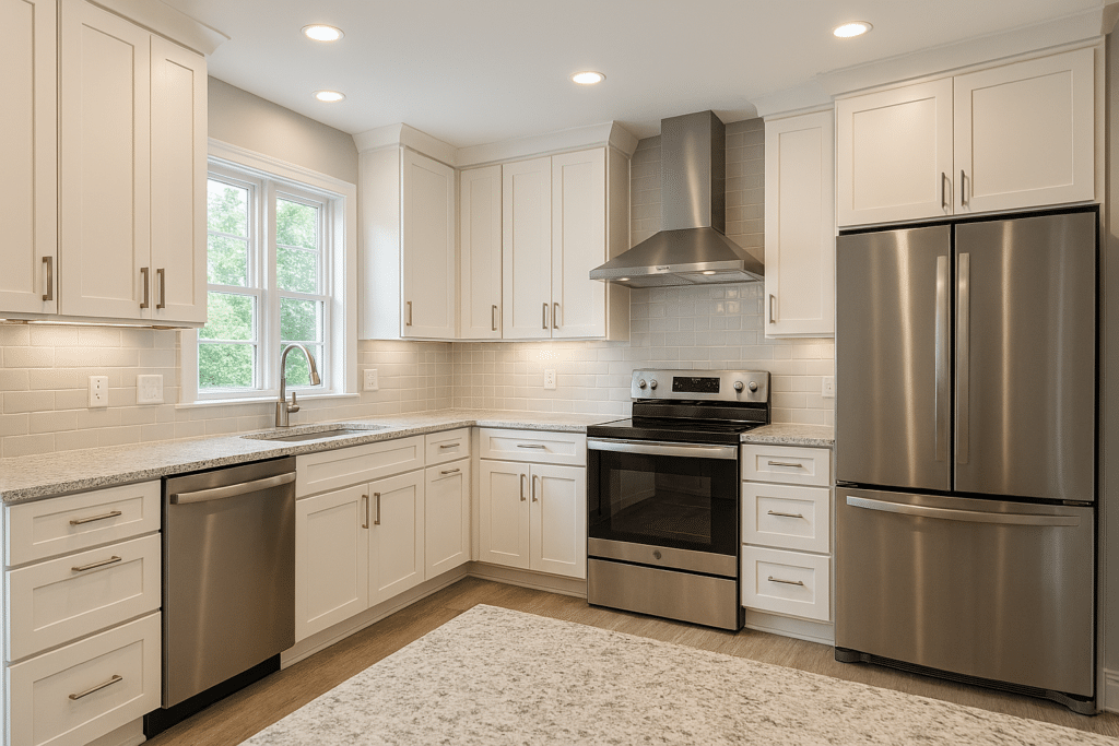 Bright, modern kitchen featuring custom white Shaker-style cabinets, speckled granite countertops, stainless steel appliances, and a large window that fills the space with natural light. The layout includes a central island, light hardwood floors, and a sleek subway tile backsplash for a clean, contemporary look.
