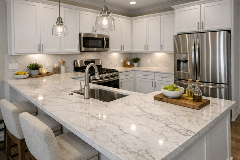 A bright, modern kitchen featuring white shaker cabinets, stainless steel appliances, and a large L‑shaped island topped with stunning white quartz countertops accented by soft gray veining. Two pendant lights hang above the island, illuminating a stainless steel sink and brushed nickel faucet. Light hardwood floors and subtle décor — including green apples, olive oil bottles, and a potted plant — add warmth and contrast to the clean, polished quartz surface.