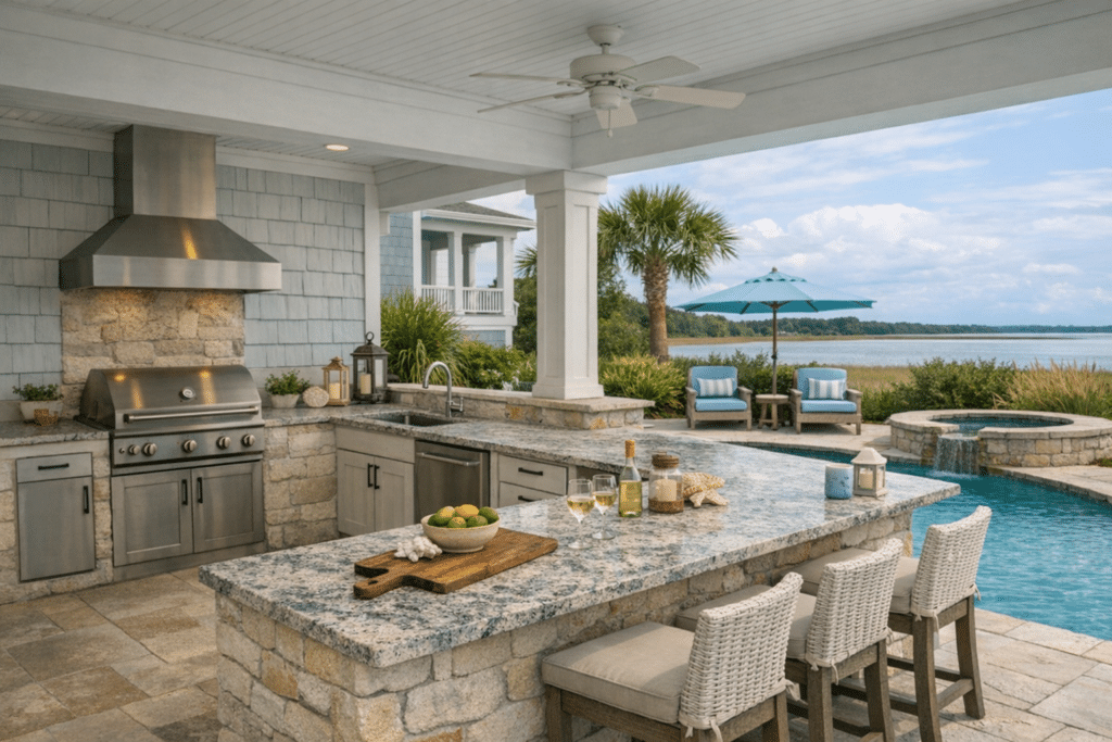 Outdoor kitchen in Southport N.C By creative stone of southport