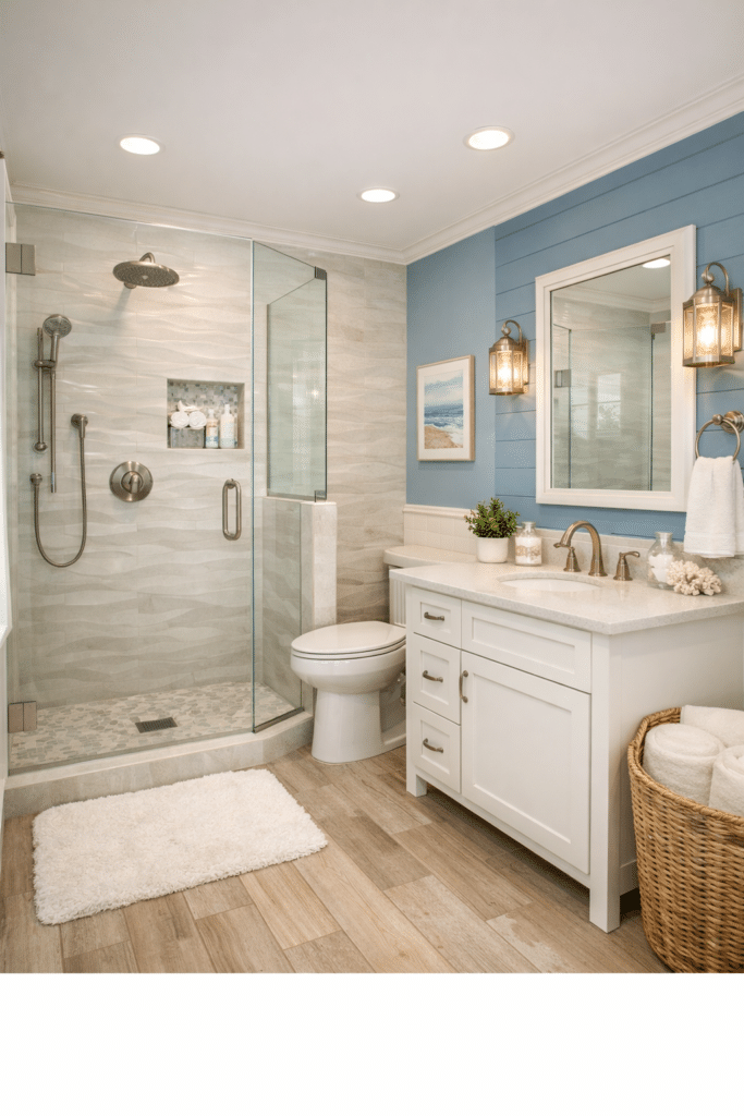 Bright bathroom with a glass-walled shower, blue accent wall, white vanity, and wicker basket accents in a coastal style.