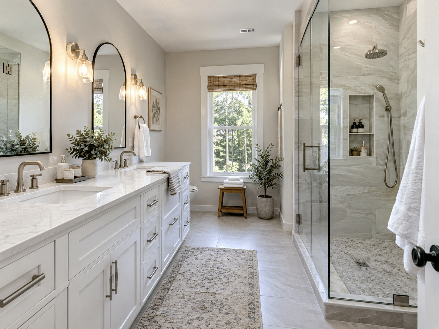 Bright master bathroom with white double vanity, two arched mirrors, and wall sconces; glass shower enclosure on the right and plants add greenery.