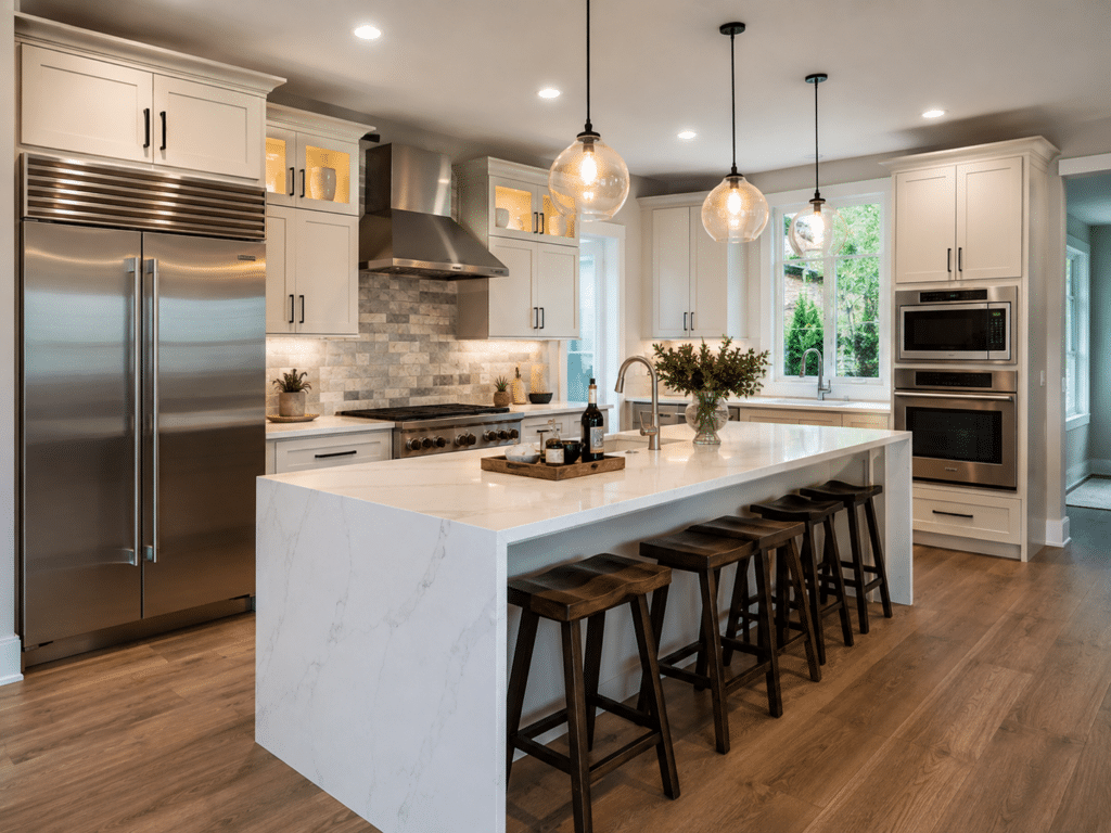 Modern kitchen remodel in Fayetteville, NC featuring white cabinetry, quartz countertops, stainless steel appliances, tile backsplash, large island, pendant lighting, and wood flooring.
