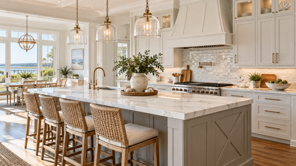 Bright white kitchen with marble island, woven bar stools, and brass fixtures overlooking a sunny dining area.