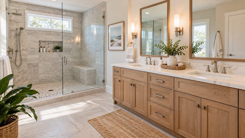 Bright bathroom with a double vanity, marble countertop, and a glass-enclosed shower.